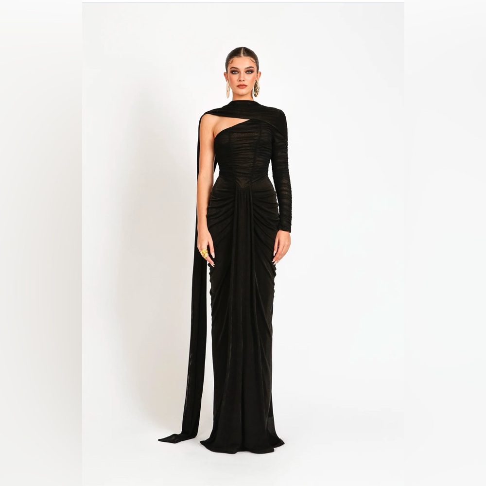 Khanum’s KEMMIYE DRESS Black One-Shoulder Dress w/ Draped Scarf BRAND NEW